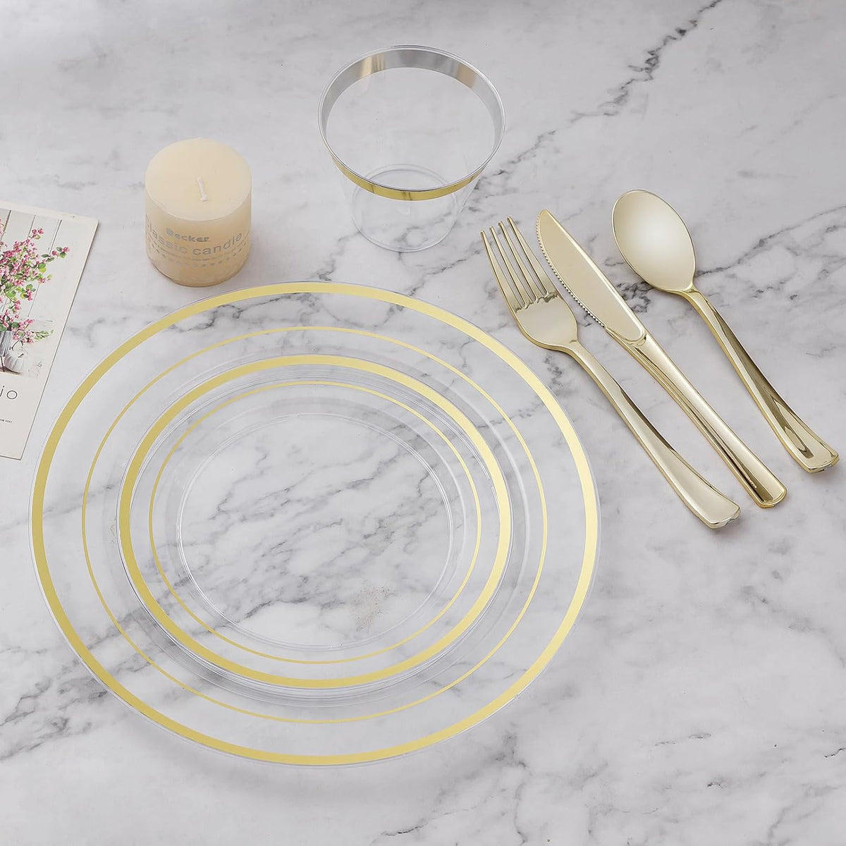 BESTVIP 300PCS Plastic Dinnerware Set (50 Guests), Clear Gold Disposable Plates for Party, Wedding, Christmas, Anniversary, Includes: Dinner Plates, Dessert Plates, Cups, Spoons, Forks and Knives