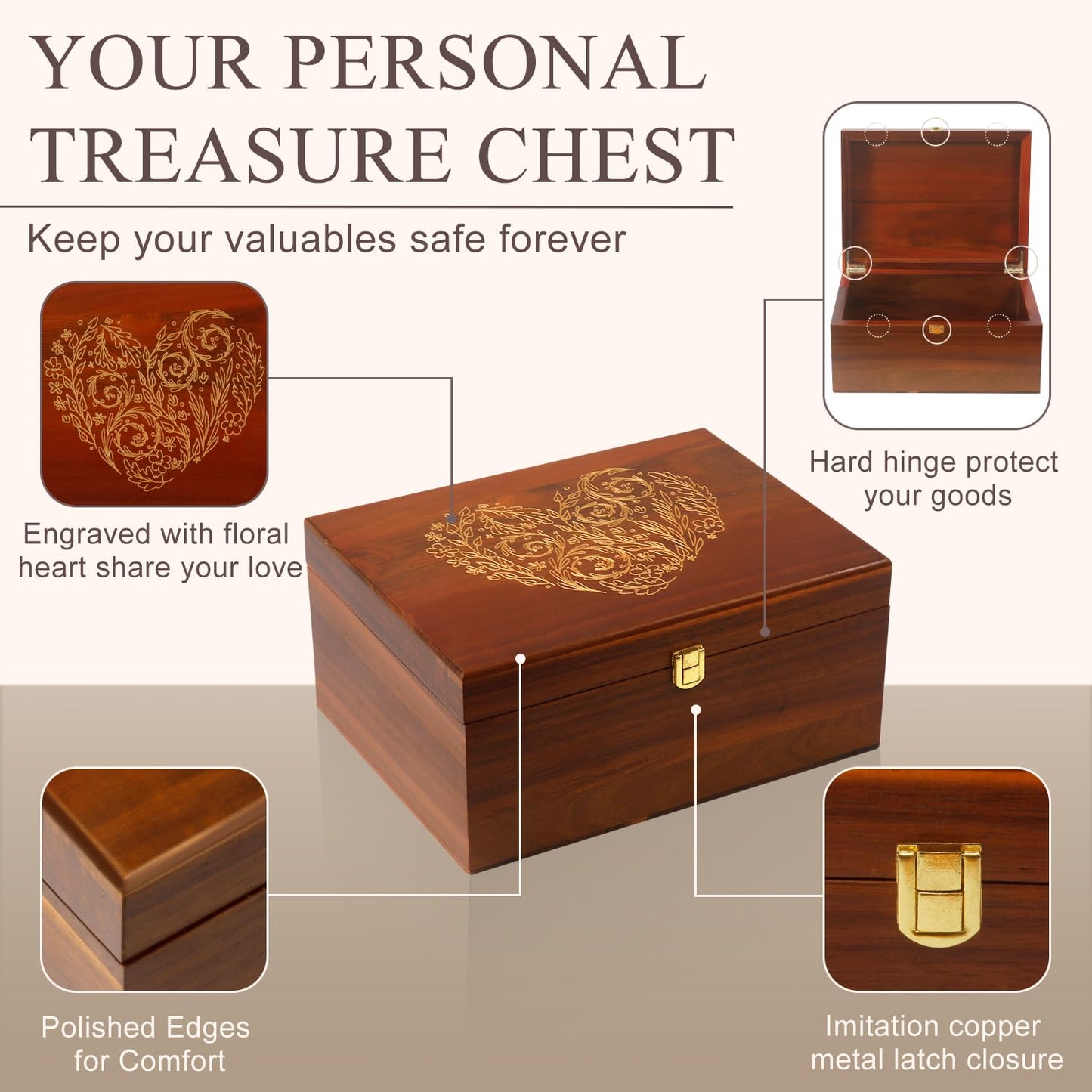 Large Wooden Keepsake Box with Hinged Lid and Photo Frame - Elegant Wedding Memory Box, Ideal for Photos, Letters, Time Capsules, Bride Gift, Decorative Storage，5.5“*8.6”*11.3“
