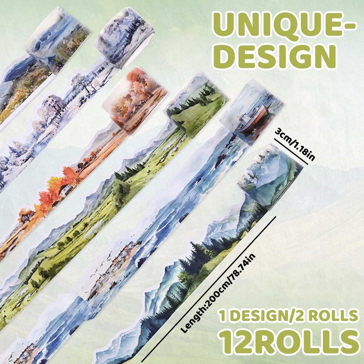 12 Rolls Forest Natural PET Washi Tape Set, Transparent Waterproof Landscape Decorative Tape, 30mm Wide 6.56ft Long/Roll Irregular Aesthetic Masking Tape for Crafts Journaling Scrapbook Supplies