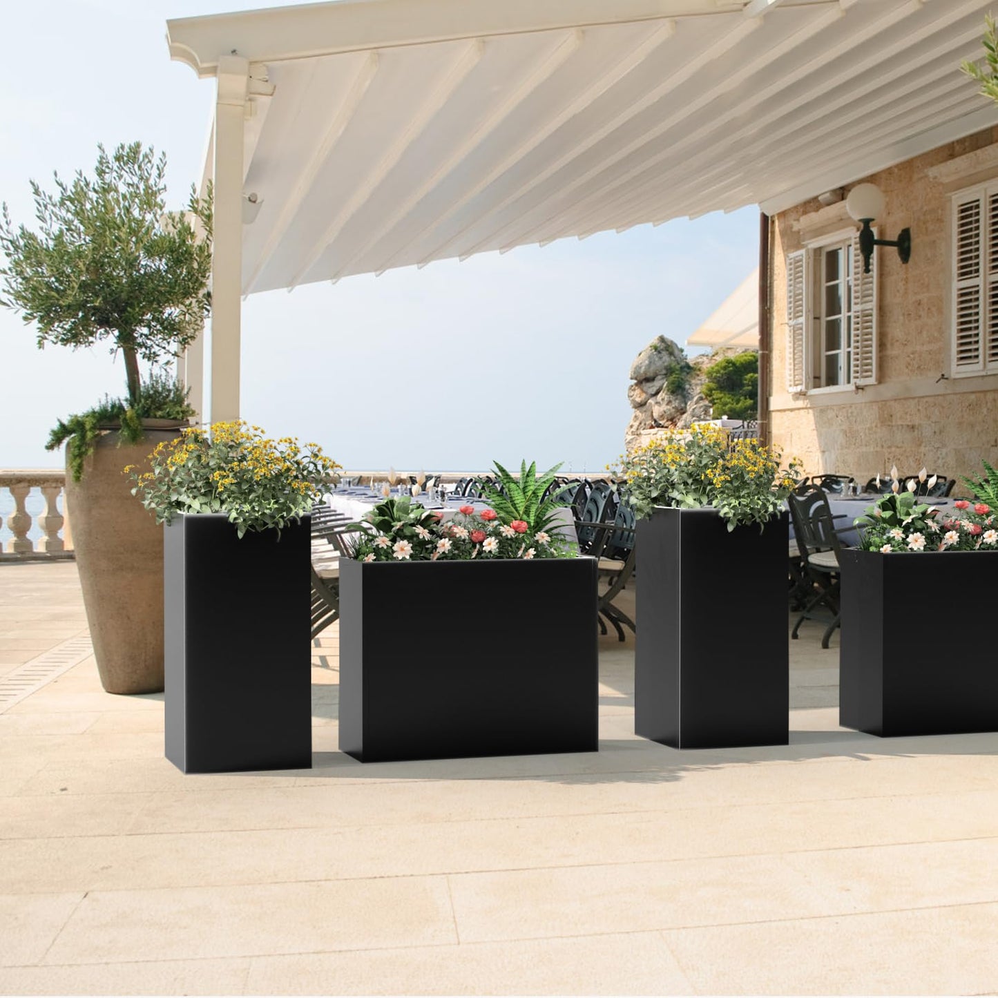 Nessxa Tall Metal Planter Box for Outdoor Plants 30" L x 12" W x 24" H, Heavy Duty Steel Large Planter Box with Removable Insert Shelf, Modern Décor for Tall Plants, Trees, Flowers (Black)
