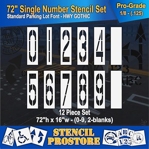 Pavement Stencils - 72 inch Number Stencil Set (10 Pieces) - 0-9 - 72" x 16" x 1/8" (128 mil) - Pro-Grade