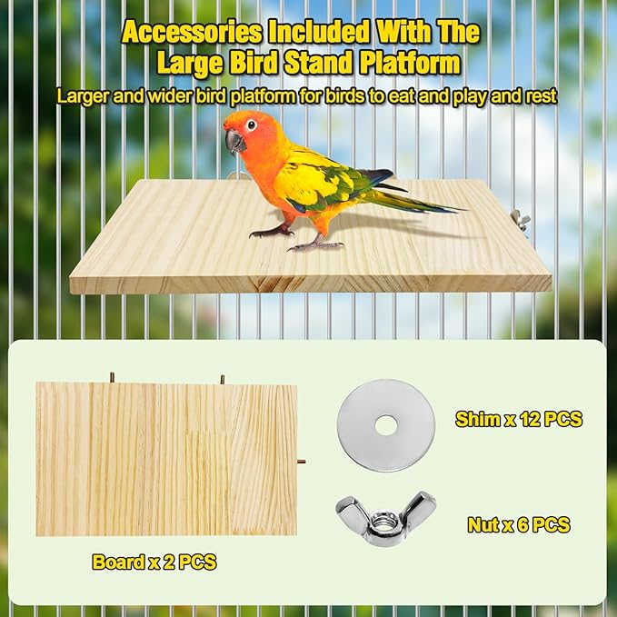 Arfubye 2PCS 13.8x7.9 inches Large Bird Perch Stand Wooden Parakeet Stand Platform Parrot Cage Accessories Rectangle Corner Stand Perch Shelf for Budgie Cockatiel Conure Macaw African Grey Chinchilla