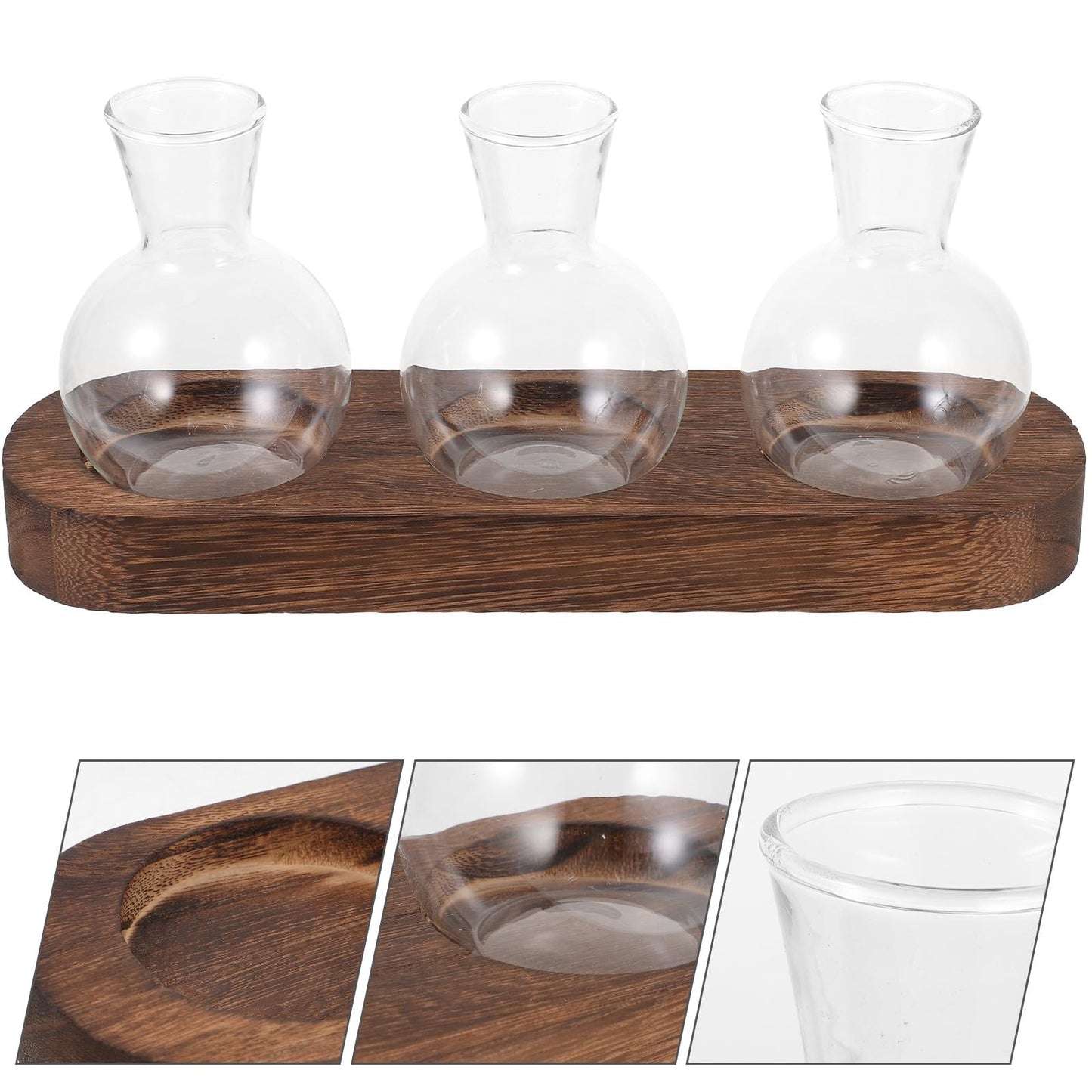 Gatuida Glass Hydroponic Flower Vase Set with Wooden Base, Table Glass Planter for Office and Home Décor, 3pcs Indoor Plant Terrarium Container