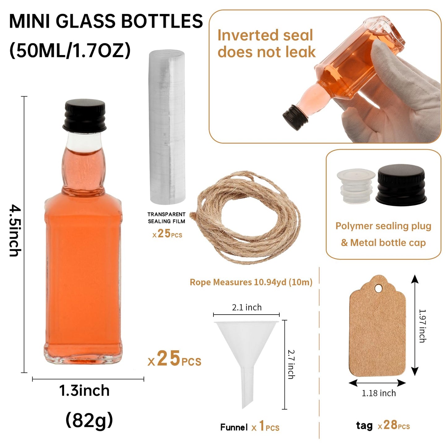 eispap 25 Pcs Square Mini Glass Liquor Bottles with Lids Small Glass Wine Bottles Reusable Empty Alcohol with Aluminum Black Screw Cap (25 Pcs 1.7 OZ Glass Bottles)