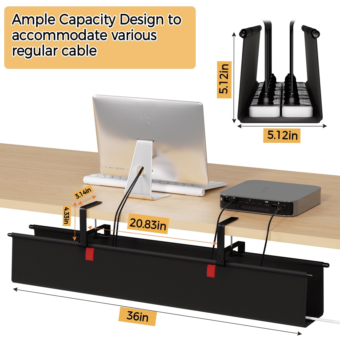 Under Desk Cable Management Tray - 36" Cord Organizer for Desk No Drill, Fabric Under Table Wire Organizer with 16X Cable Ties Hide for Office/Home, Cord Hider Fits Adapters & Sockets, Black