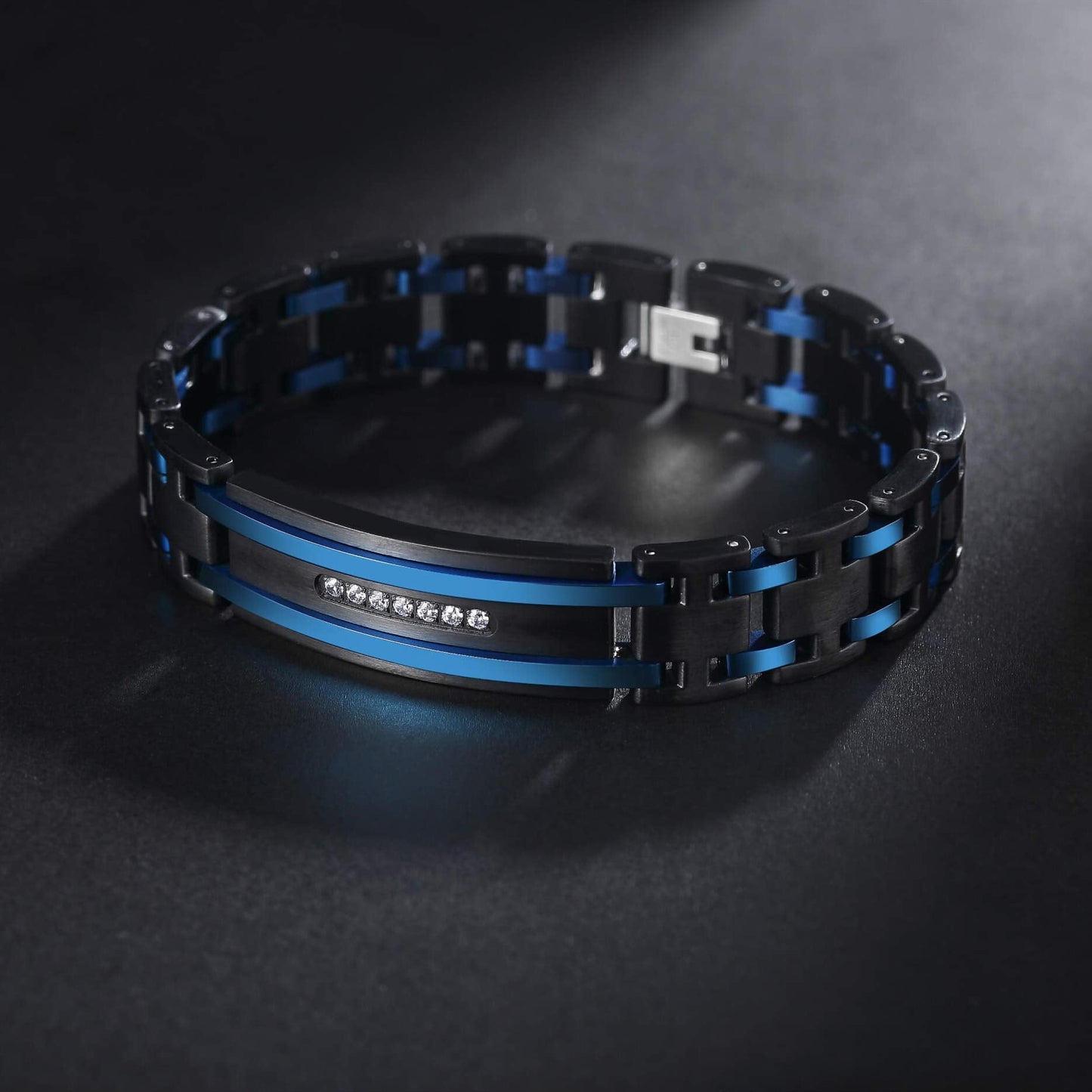 Zillaly Men's Stainless Steel Two-Tone Square Link diamond Bracelet in Black & Blue Ion-Plated Black (Black & Blue & Diamond)