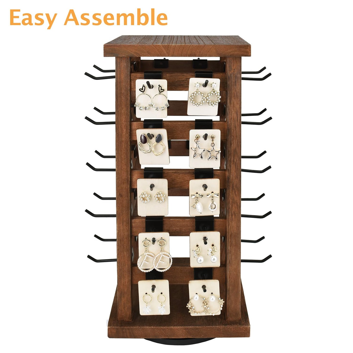 Ikee Design 5 Tiers Easy Assemble Wood Rotating Jewelry Display Tower with 42 Removable Hooks,Spinning Earring Card Storage Display Stand for Store, Showcase, Tradeshow and Home,Brown Color