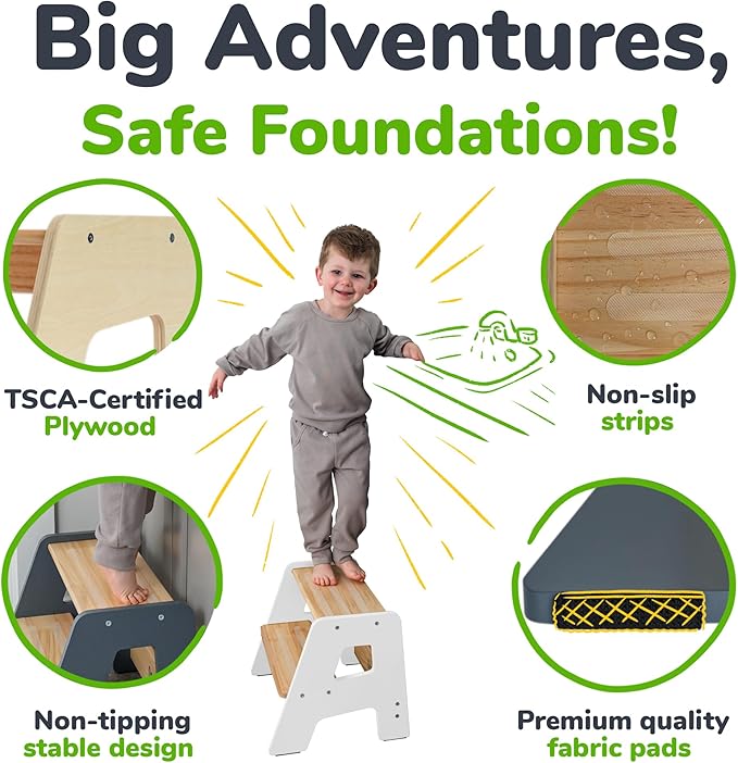 OCODILE 2-Step Wooden Step Stool for Toddlers | Kids Stool for Bathroom Sink & Kitchen Use | Non-Slip Step | Wooden Stool for Children Ages 2+ Years White