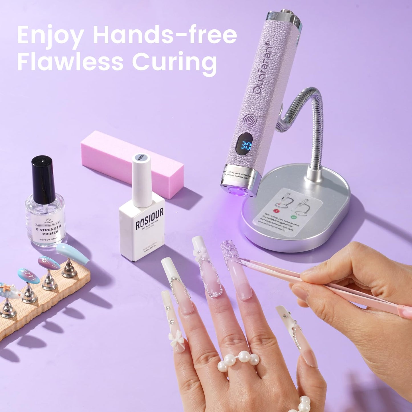 Quaferen Mini Handheld UV Light for Gel Nails with Stand, Rechargeable Flash Cure Nail Lamp with Auto Sensor, Cat Eye Magnet for Fast Drying at Home Salon (Purple)