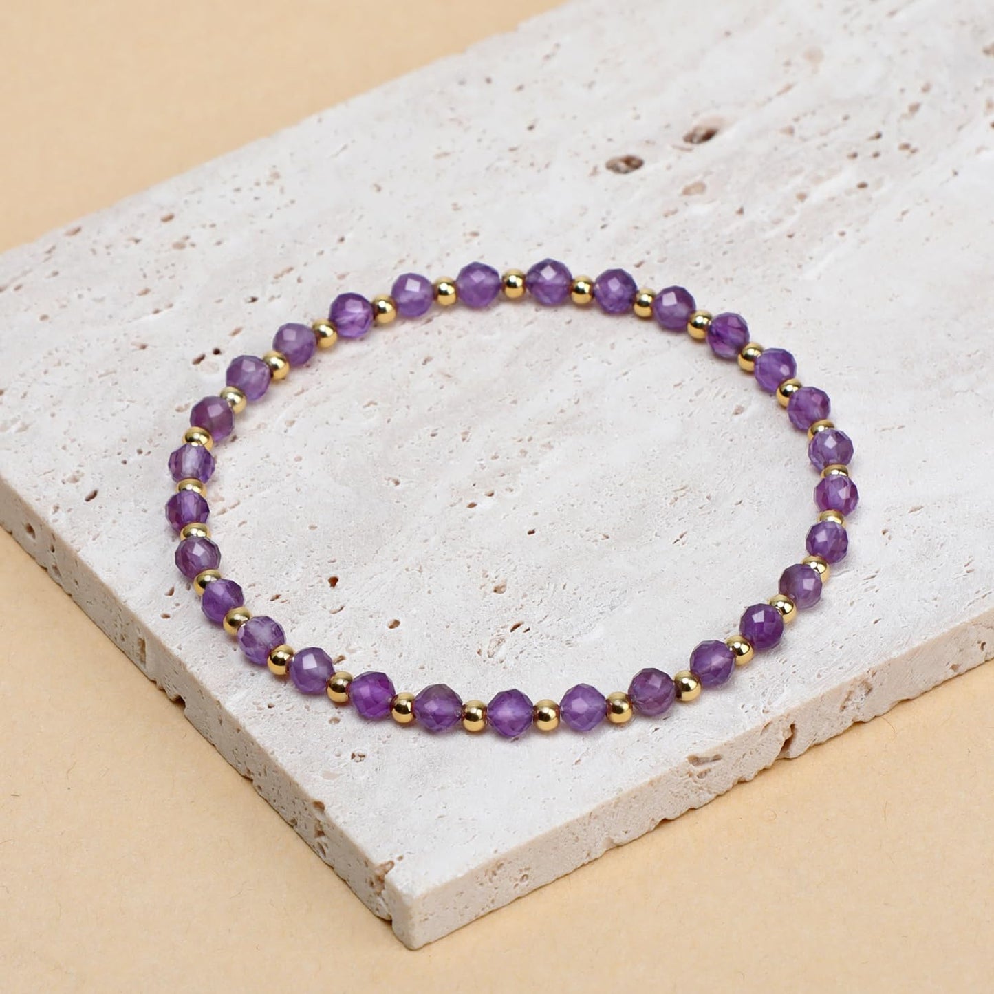QOGIR Amethyst - Stone of Calmness - 14K Gold Plated Beads Natural Gemstone Stretch Elastic Dainty Healing Beaded Bracelets Gifts 4mm