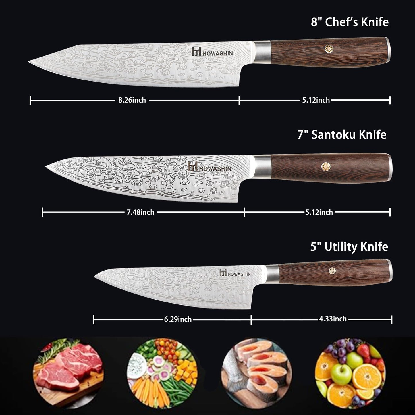 Howashin Kitchen Knife Set,High Carbon Stainless Steel Chef Knife Set,Sharp Forged Blade Professional Kitchen Knives Set with Ergonomic Handle, 3PCS Knives Set for kitchen with Gift Box