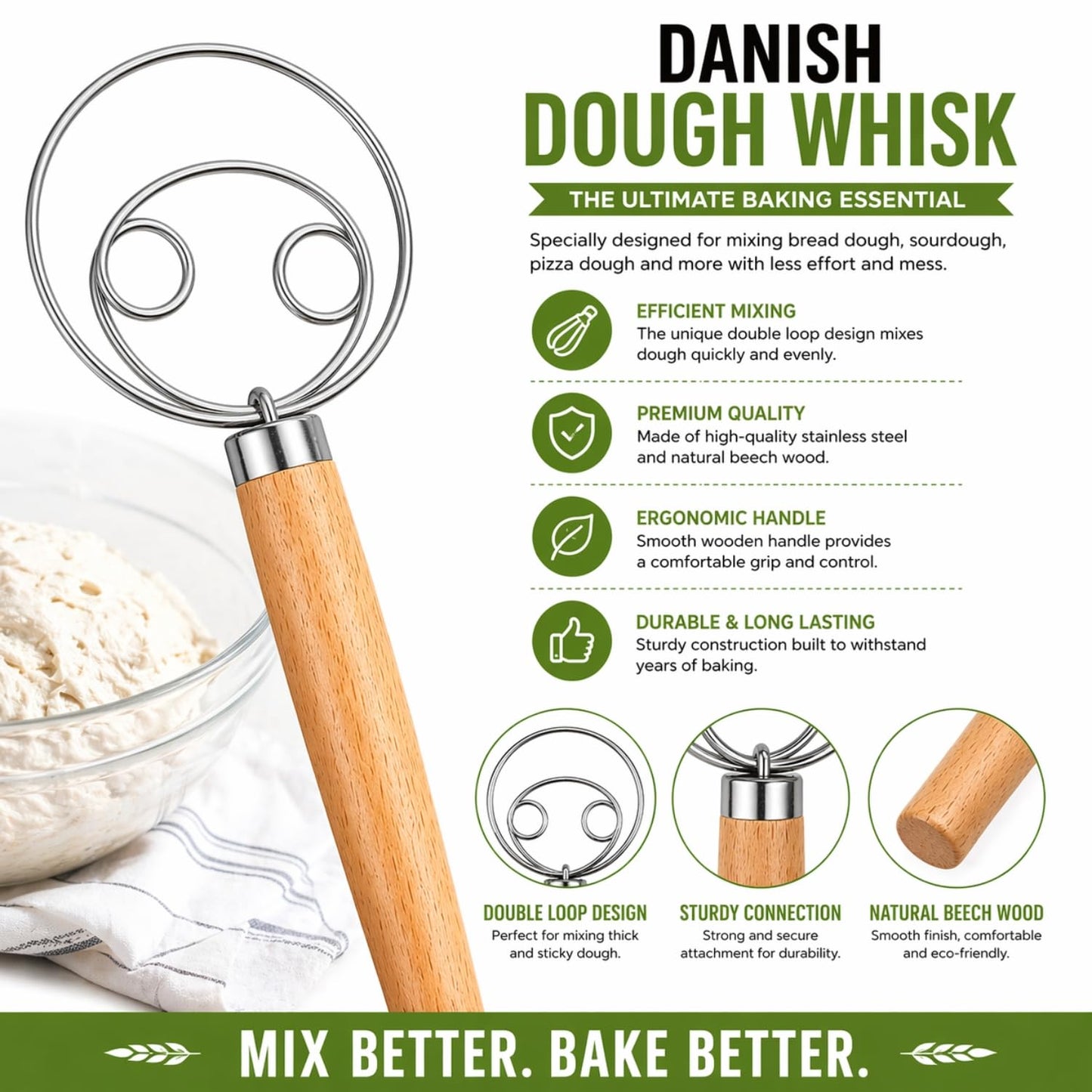 BOORIKA Sourdough Bread Baking Tool Set with Danish Dough Whisk, Bread Lame & Blades, Bench Scraper, Dough Scrapers and Silicone Brush – Sourdough Starter Kit