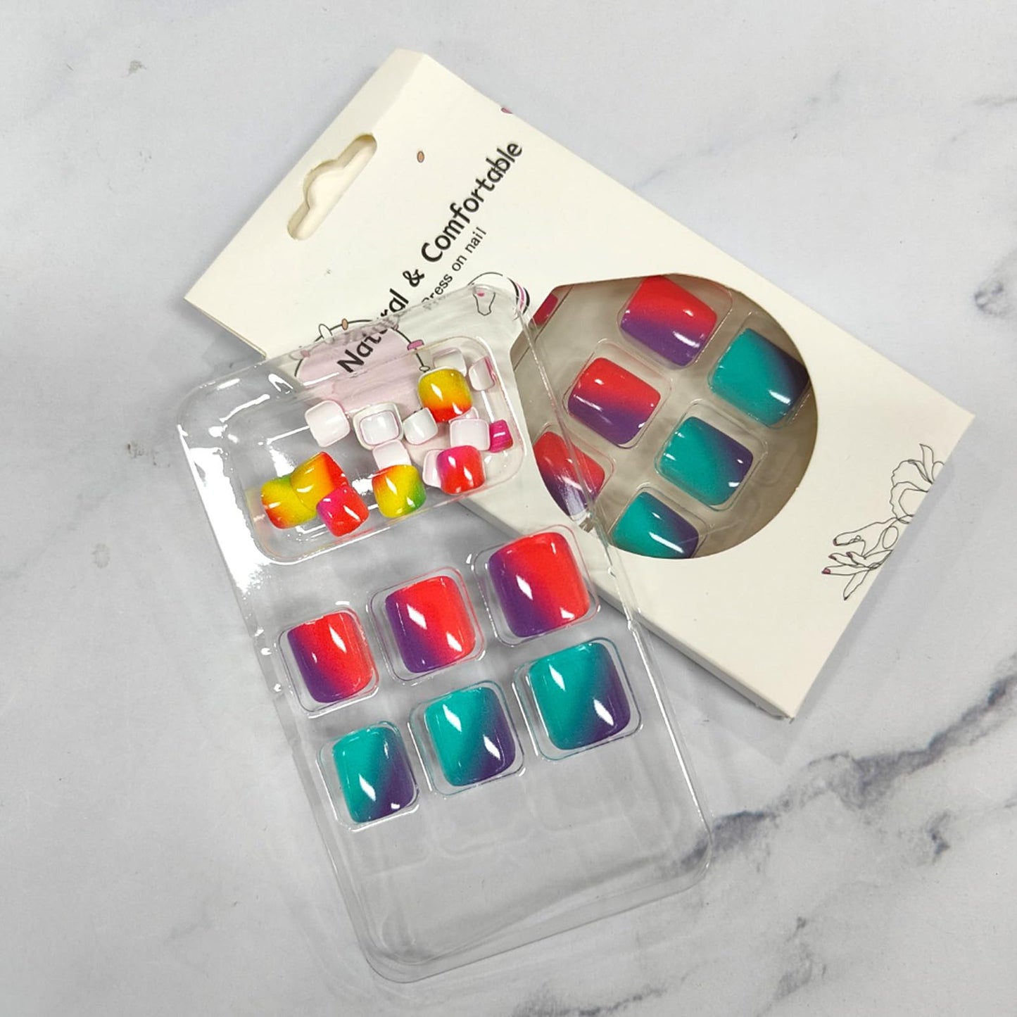 24Pcs Rainbow Colorful Press on Toenails Short Square Fake Toe Nails Colorful Gradient Glossy False Toenails Glue on Toe Nails Summer Reusable Full Cover Acrylic Toenails for Women