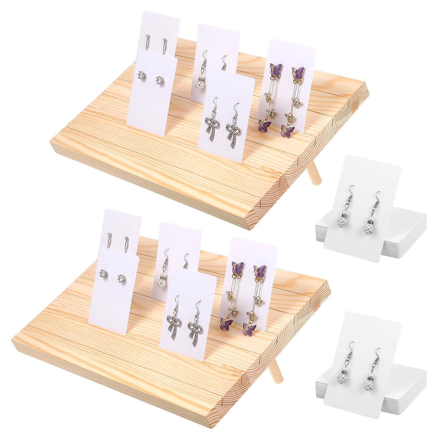 62 Pcs Wood Earring Display Stand Earring Card Display 2 Sets of Holder with Cards Jewelry Stands for Selling