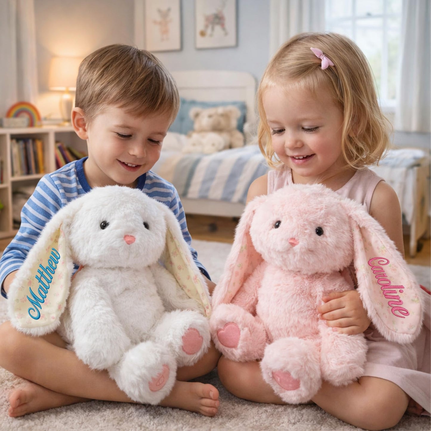 Evulum Personalized Hugging Plush Bunnies Set of 2, Valentines Day Gift for Couples, Custom Bunny Stuffed Animal with Embroidered Name/Date, Easter Gift for Kids