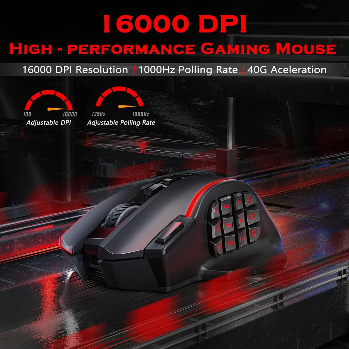 Redragon Wireless Gaming Mouse, MMO Gaming Mouse UP 16,000 DPI, 16 Macro Programmable Buttons, RGB Rechargeable with 12 Side Buttons, 70Hrs for PC Laptop MOBA FPS, M901P-KS