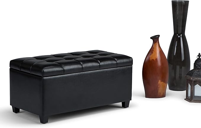 SIMPLIHOME Sienna 33 inch Wide Transitional Rectangle Storage Ottoman Bench in Midnight Black Vegan Faux Leather, Assembled, For the Living Room, Entryway and Family Room