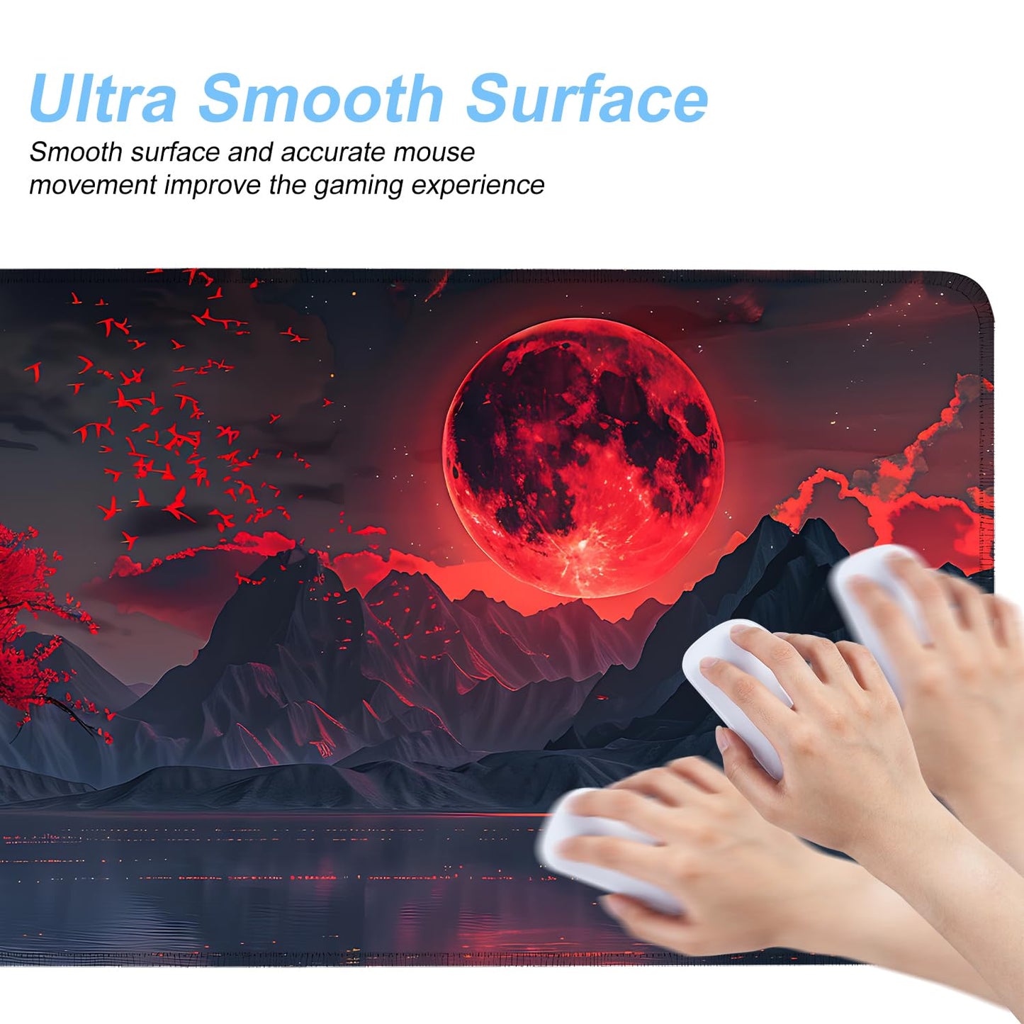 Red Moon Mouse Pad XXL – Large Gaming Desk Mat with Dark Mountain Landscape & Sakura Tree, Extended Mousepad with Non-Slip Base for Office, Gamer Setup,31.5 x 11.8 in