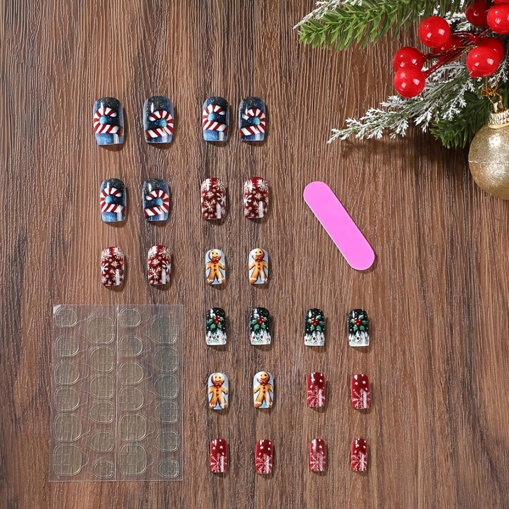 24 Pcs Christmas Press On Nails - Short Square Glossy False Nails with Candy & Cherry Design, Full Cover Gradient & Snowflake Glue, Red Christmas Fake Nails for Women's Manicure Kit