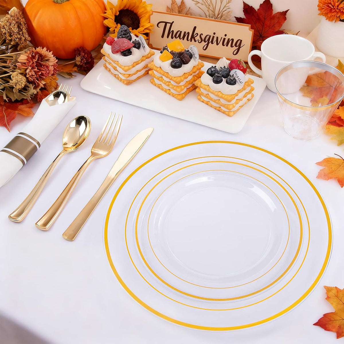 WELLIFE 210PCS Clear-Gold Plastic Plates - Dinnerware Sets for 30 Guests - 60 Disposable Plates, 90 Plastic Silverware, 30 Cups, 30 Napkins for Party