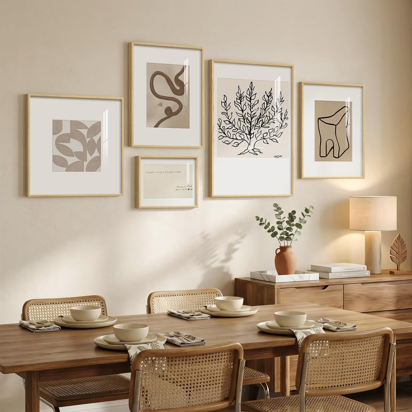 Framed Matisse Abstract Neutral Wall Art, 5 Piece Large Beige Canvas Prints Set, Modern Minimalist Geometric Botanical Paintings for Living Room, Bedroom, Hallway, Home Office, Guest Room