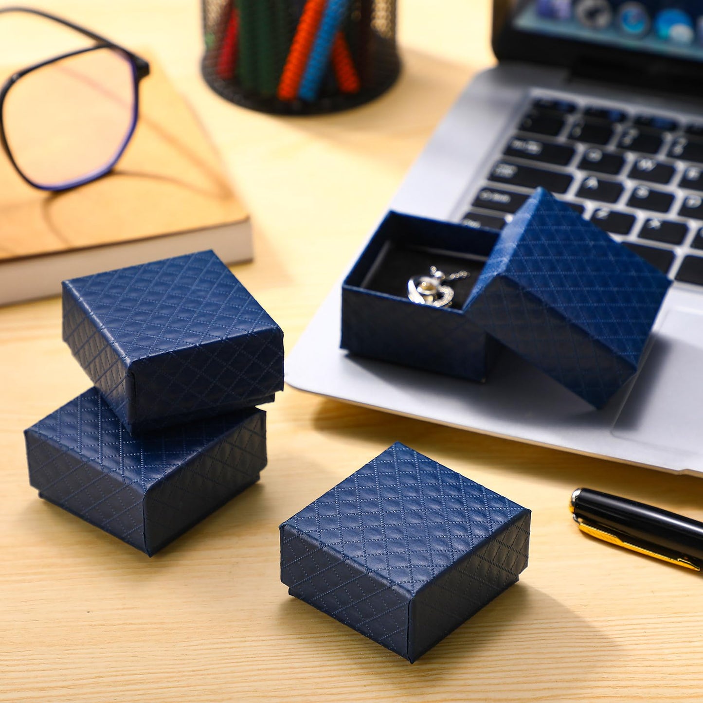 Landical 100 Pcs Jewelry Ring Gift Box 2'' x 2'' x 1'' Small Cardboard Earring Ring Gift Box with Velvet and Sponge Liner Pendant Case Bulk for Necklace Bracelet Earring Display Wedding(Dark Blue)
