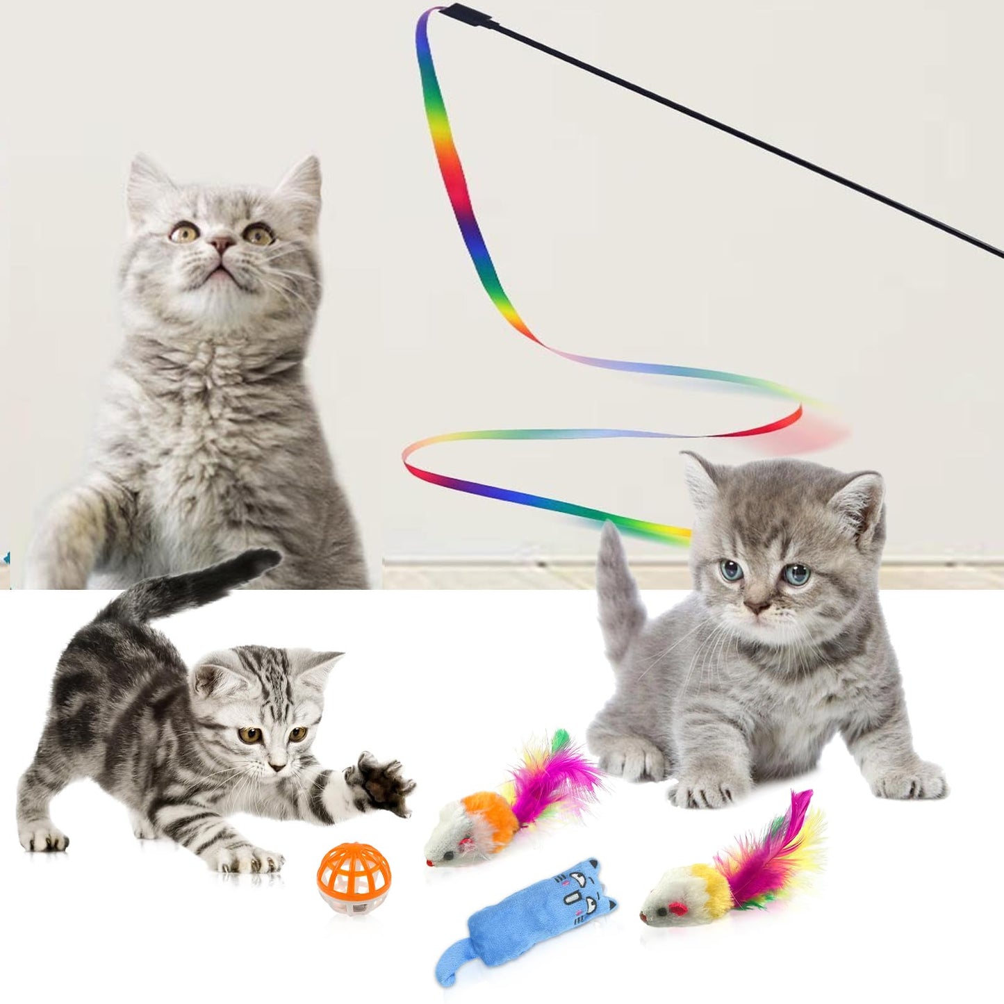 Kitten Starter Kit - 15 Piece Cat Essentials Set Includes Litter Box, Toys, Collars, Scratch Pad, Nail File, Automatic Feed Bowls, Grooming Gloves (Gray)