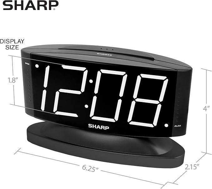 Sharp Digital Alarm Clock with Swivel Base, White LED, Dimmer, Black | Large white LED digits; Adjustable swivel base; Brightness dimmer; Snooze alarm; Simple controls; black case