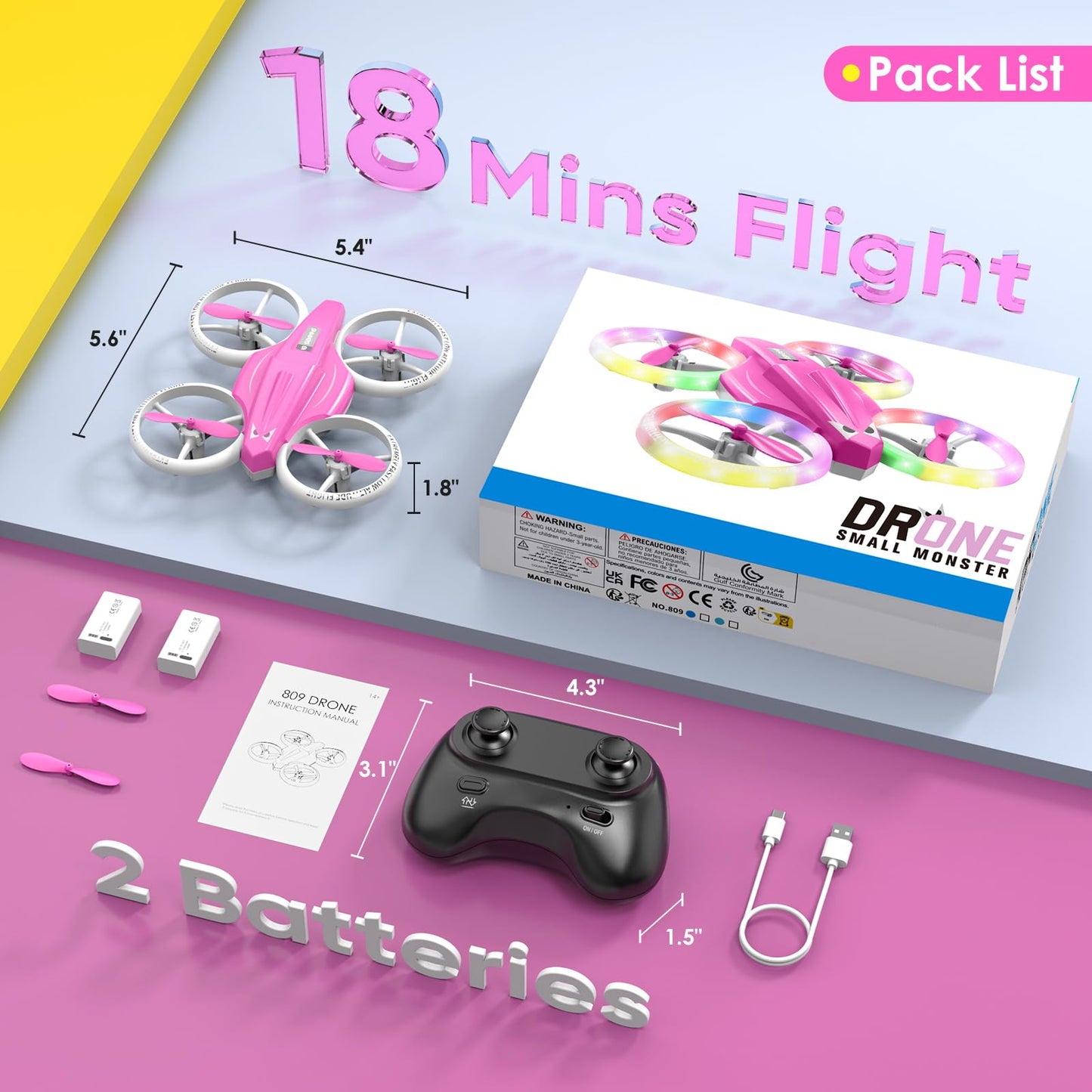 Drone for Kids with LED Light | Lisoco Indoor RC Drone with 360 Flip | 2 Batteries | Easy to Fly Mini Drone for Girls Boys Beginners | Flying Toy Gift (Pink)