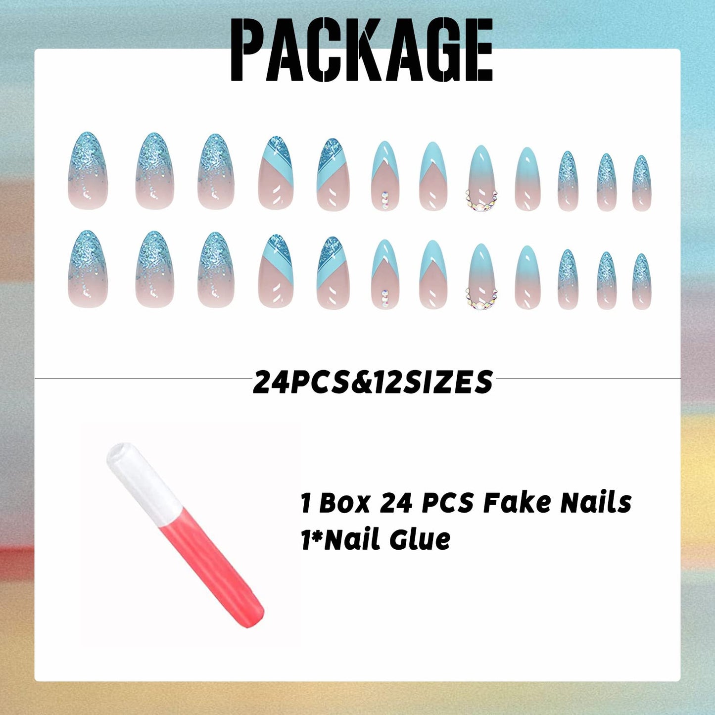 IMSOHOT Almond Press on Nails French Medium Blue Fake Nails Glitter Gradient False Nails with Designs Rhinestone Full Cover Acrylic Glossy Glue on Nails for Women
