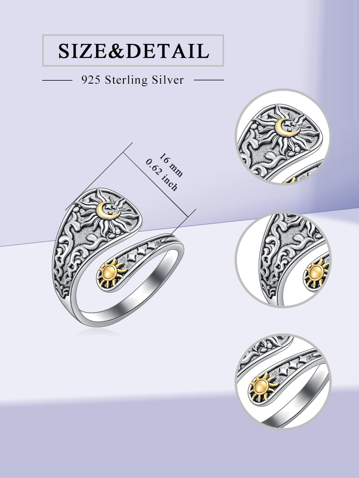 Midari Sun Moon Star Spoon Ring 925 Sterling Silver Vintage Adjustable Thumb Rings for Women & Daughters