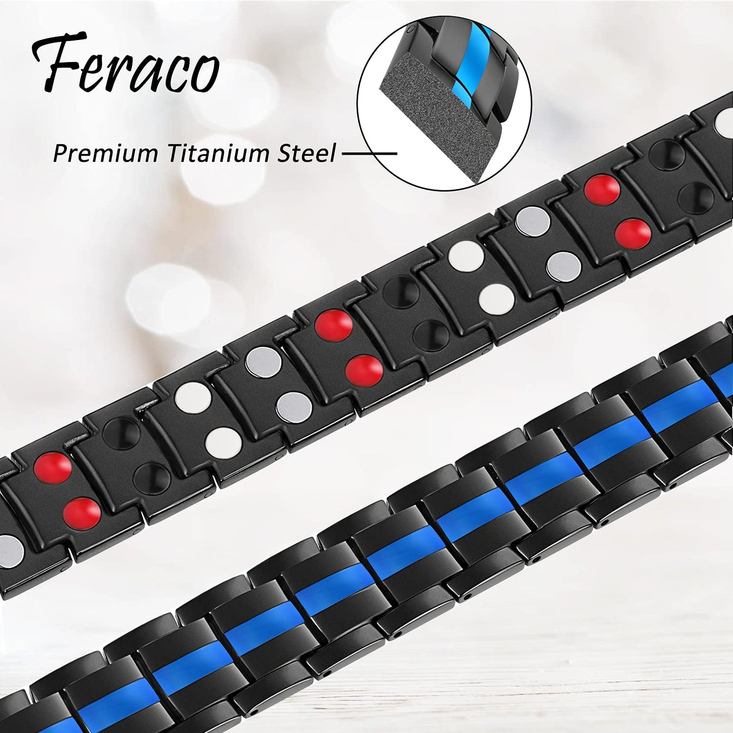 Feraco Mens Magnetic Therapy Bracelets Titanium Steel Bracelet with Double Row 4 Elements Magnets (Black & Blue)
