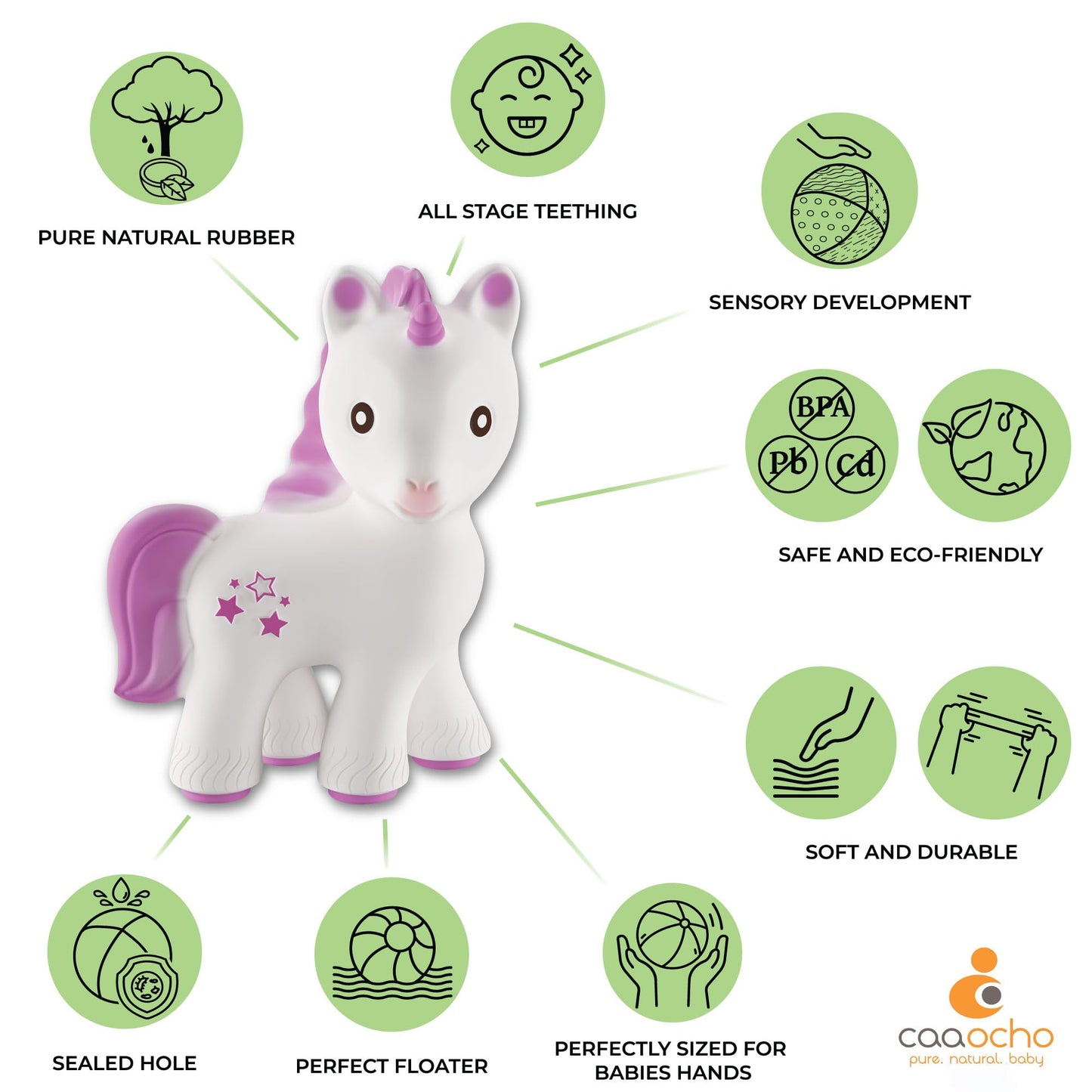CaaOcho Pure Natural Rubber Teething Baby Toy - Mira The Unicorn Teether for Babies, BPA Free Baby Toy, All Natural Teething Toys for Babies 0-6, Safe and Fun Molar Teether Toy