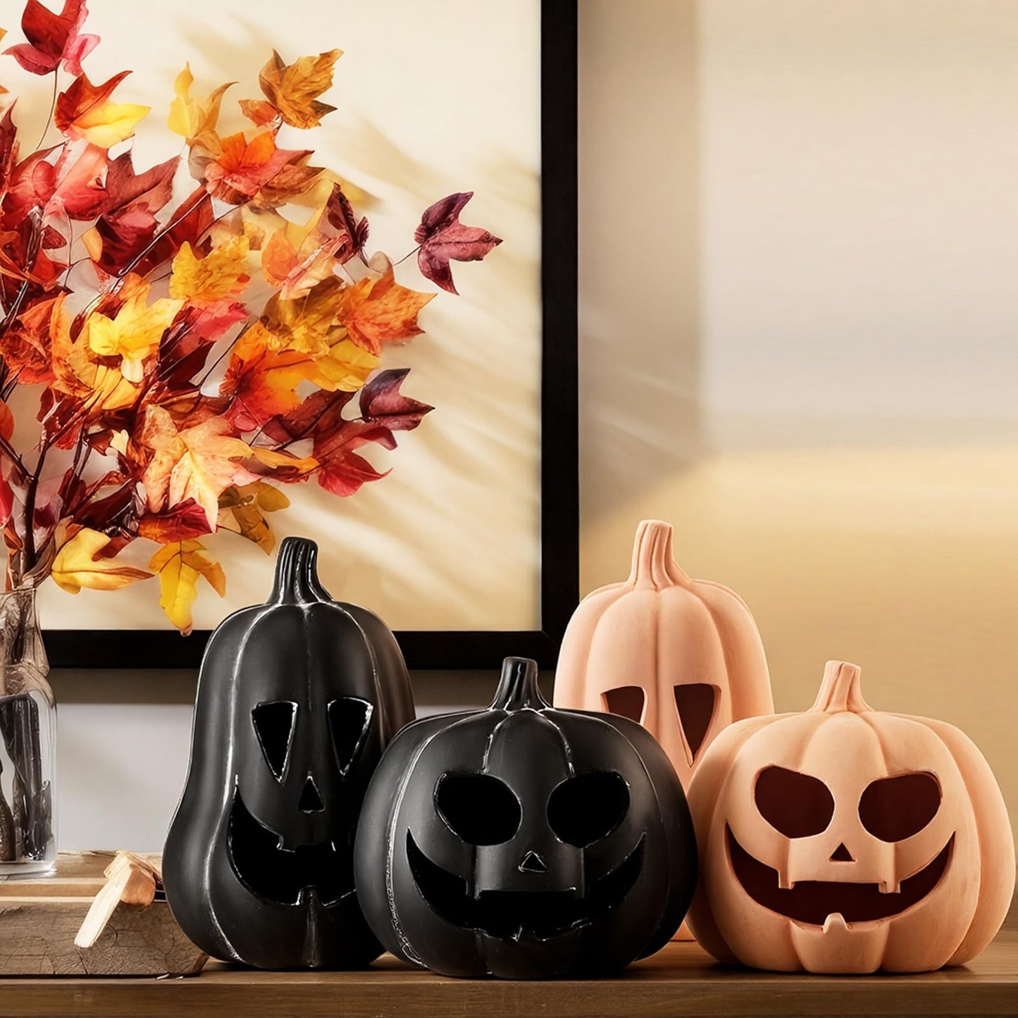 Tioncy 2 Pack Terracotta Pumpkin Decoration Handmade Brown Clay Pumpkin Jack-o-Lantern Halloween Tealight Holder Rustic Farmhouse Fall Home Decor for Table Porch Mantel Indoor Centerpieces (Black)