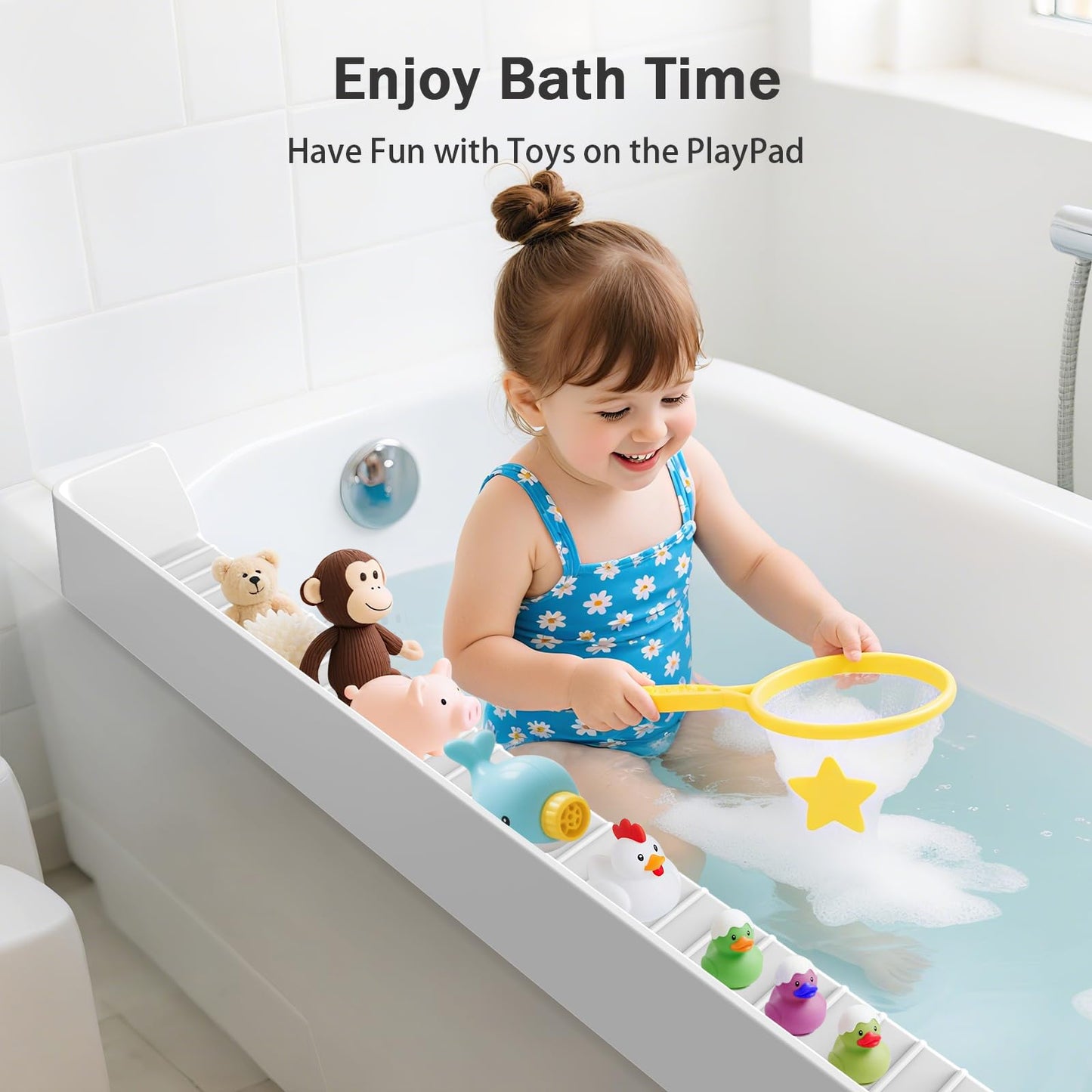 Blgiont Bathtub Splash Guard PlayPad Shelf Area with Strong Suction Cups, Toy Tray Caddy Holder Storage Over Tub, Bathtub Ledge Guard, No Mess Water, Splash Protection Water Barrier for Bathroom-White