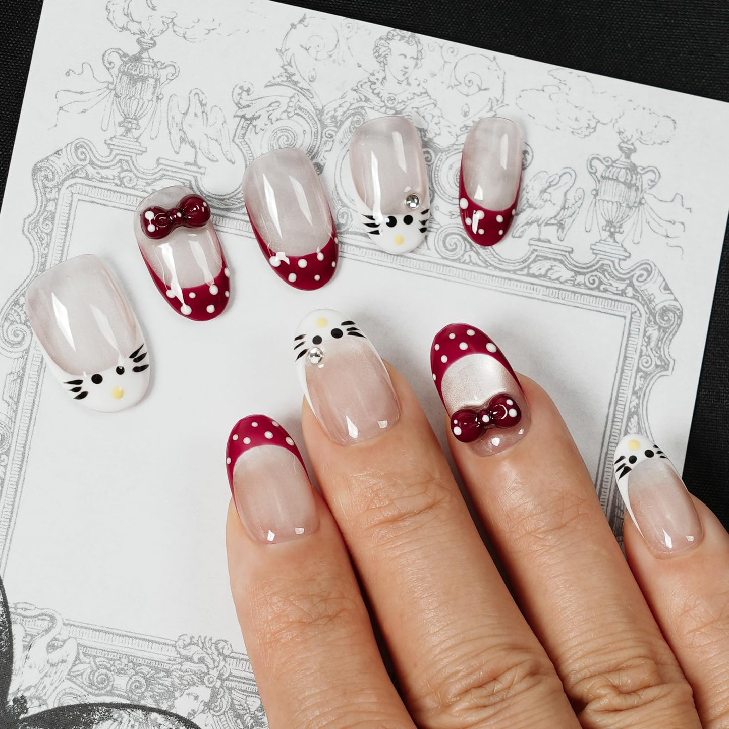 Tesytto Handmade Press on Nails Almond Shape Glossy Reusable False Nails for Nail Art (Cute Cat Polka, S)