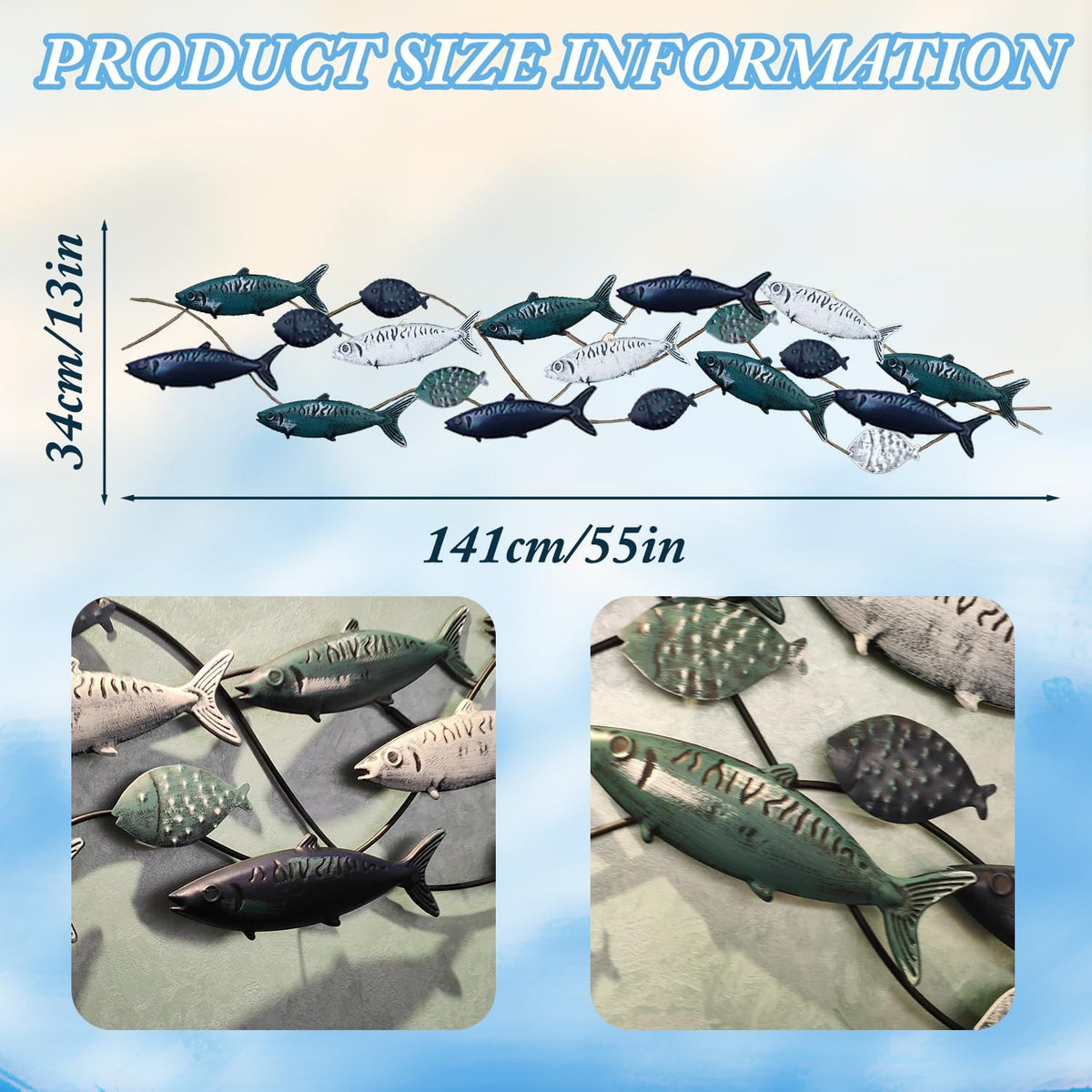 edaknez Large Fish Wall Art, Coastal Nautical Decor, Outdoor Indoor Metal Wall Art, School of Fish Wall Sculpture, for Living Room, Bedroom Beach or Boat Decor (55 x 13 inch)