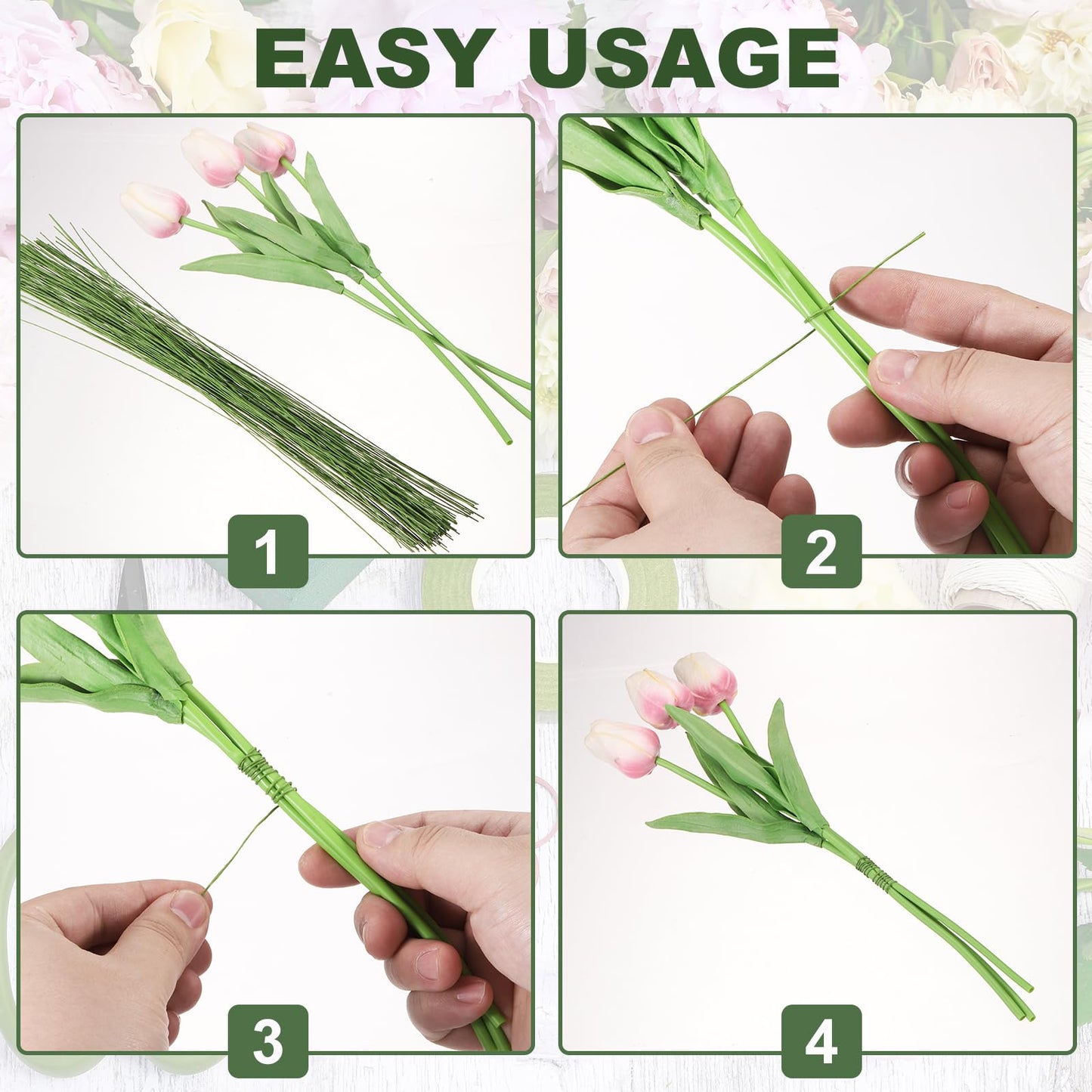 PATIKIL 32 Inch 22 Gauge Floral Stem Wire, 3 Pack/120 Pieces Bouquet Stem Paper Wrapped for DIY Crafts Flower Arrangements, White