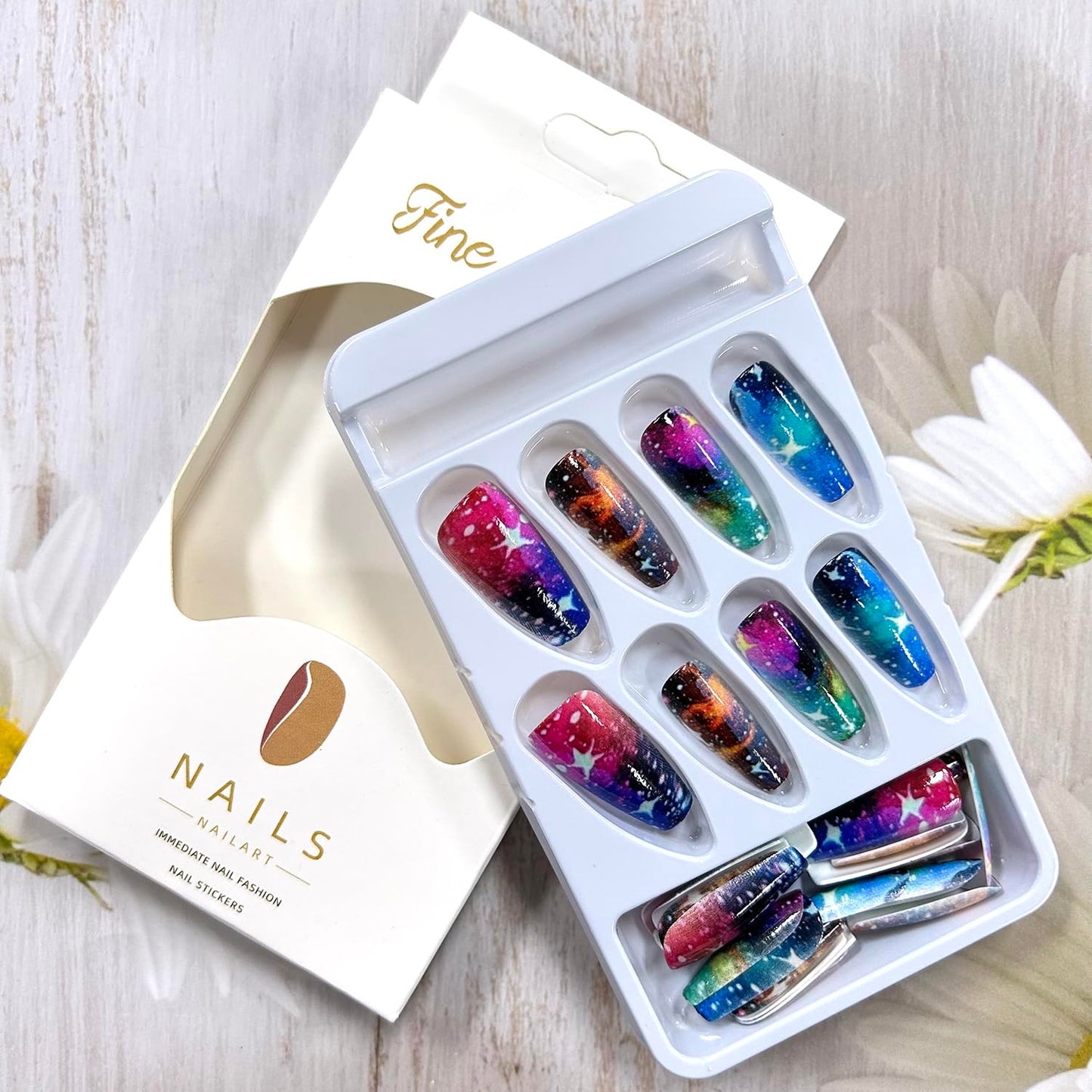 CJDLTS Press on Nails Medium Ballet Shaped Colorful Starry Sky Pattern Design Glitter Nails Stars False Nails Full Cover Artificial Coffin Nails Acrylic Stick on Nails Glossy Glue on Nails for Women