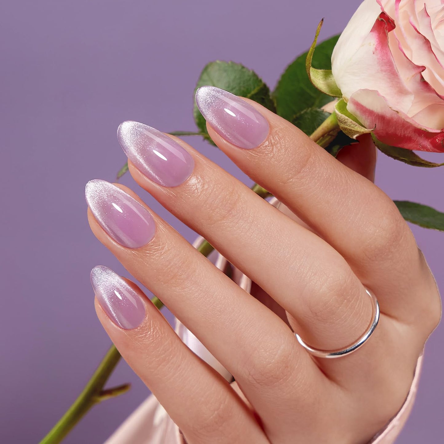 VSALON Press on Nails Almond - Deep Blue Cat Eye & Ombre Lavender Cat Eye French Tip