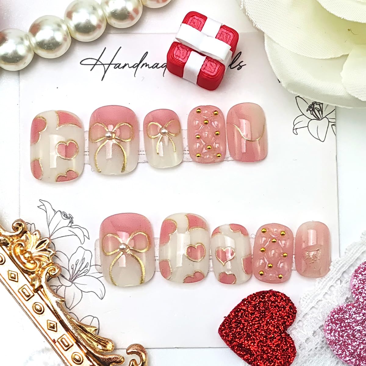 30Pcs Pink Press on Nails Short Almond Heart Fake Nails with Glitter Gold Lines Designs 3D Bead Full Cover Stick on Nail Romantic Valentines False Nails Cute Bow Artificial Glue on Nail for Women DIY