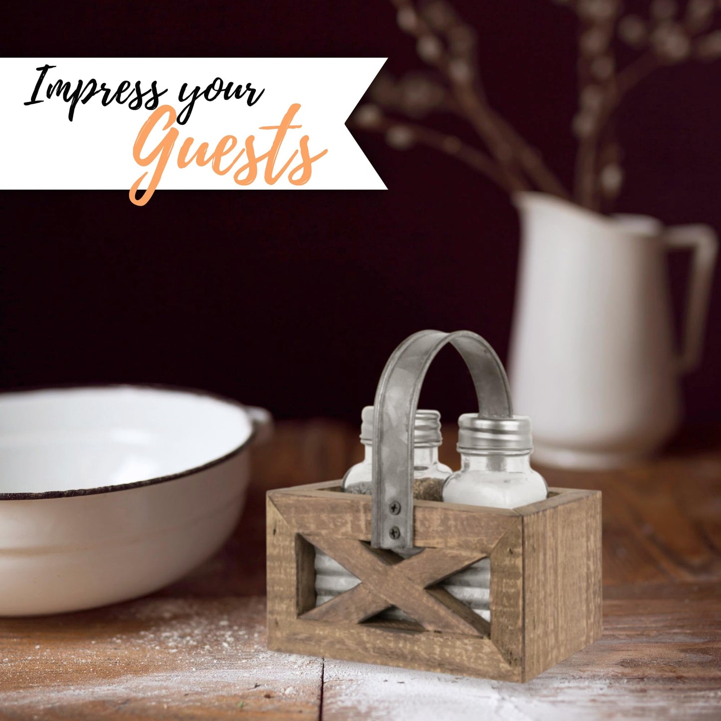 Autumn Alley Barn Door Rustic Salt and Pepper Shakers Set in Wood and Galvanized Caddy, Farmhouse Salt and Pepper Shakers For Rustic Kitchen Decor, Rustic Kitchen Accessories for your Country Kitchen