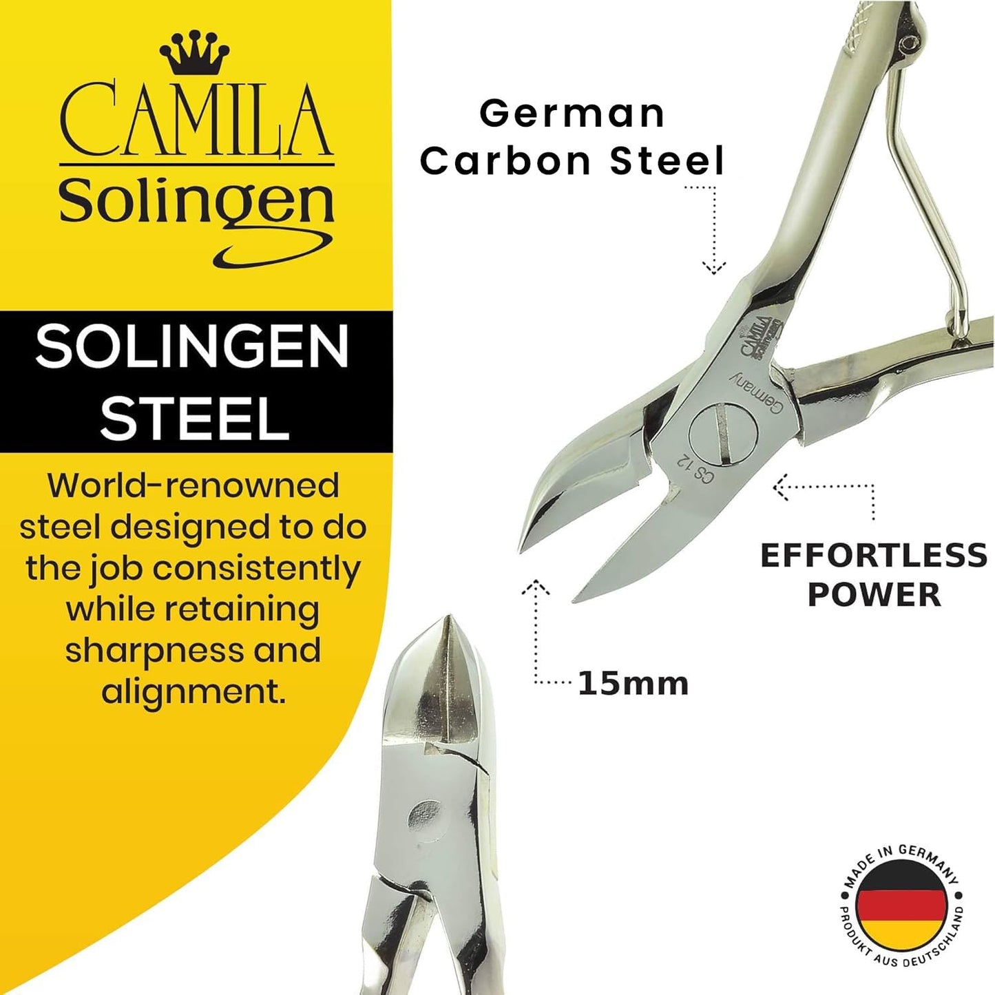 Camila Solingen CS12 Professional 4" Fingernail Toenail Nipper/Clipper/Cutter for Manicure/Pedicure. Heavy Duty Precision Super Sharp Curved Carbon Steel 15mm Blade from Solingen Germany (Silver)