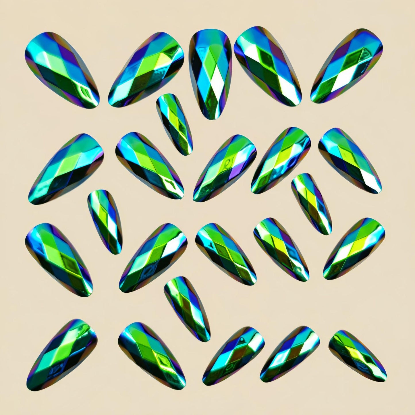 RUOKEXIN Almond Press on Nails Medium Length Fake Nails Green Chrome False Nails with 3D Rhombus Designs Full Cover Nail Press ons Sparkly Artificial Nails for Women 24Pcs