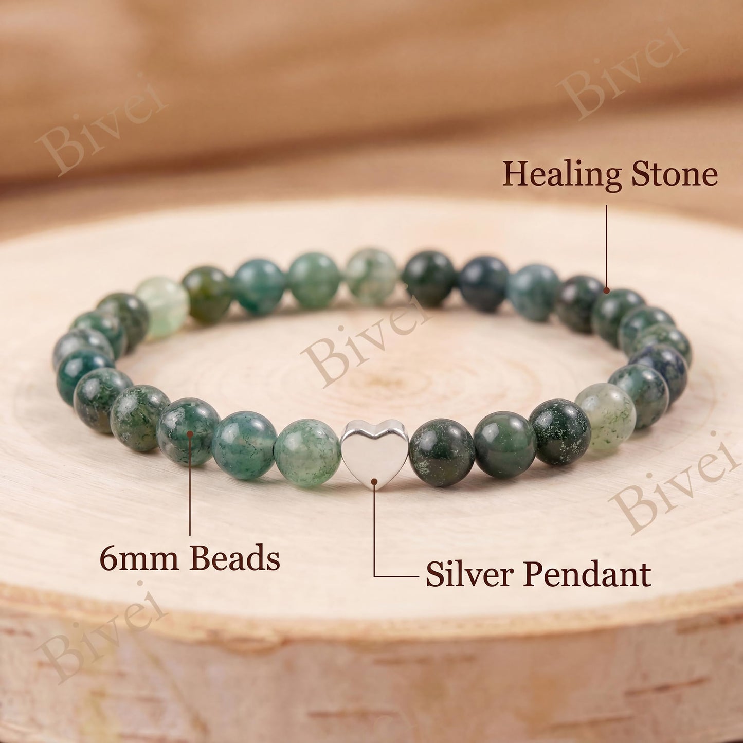 Bivei 6mm Moss Agate Crystal Stretch Bracelets for Women, Handmade Natural Stone Beaded Bracelet, Yoga Protection Jewelry Gift