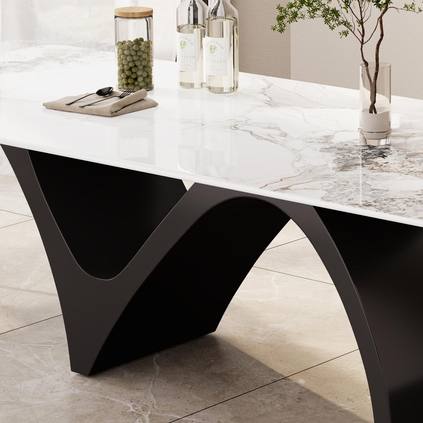 Modern Dining Table for 6, Sintered Stone Dining Tabletop with Unique N-Shaped Metal Base, 71" Rectangle Dining Table for Dining Room Table Kitchen (Table Only)
