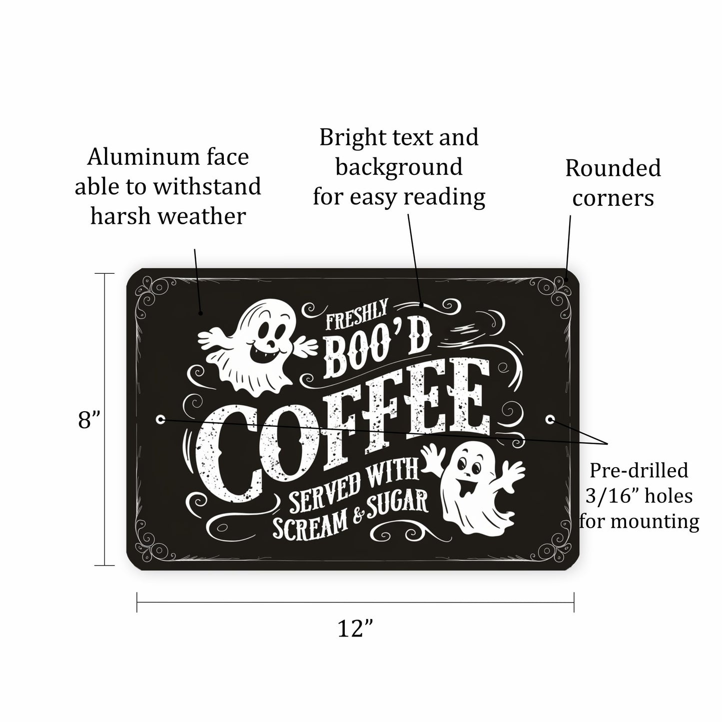 Halloween-Themed Metal Sign - "Freshly BOO'D Coffee Served with Scream and Sugar" - Humorous Ghost Design - 8"x12" Black Metal Sign
