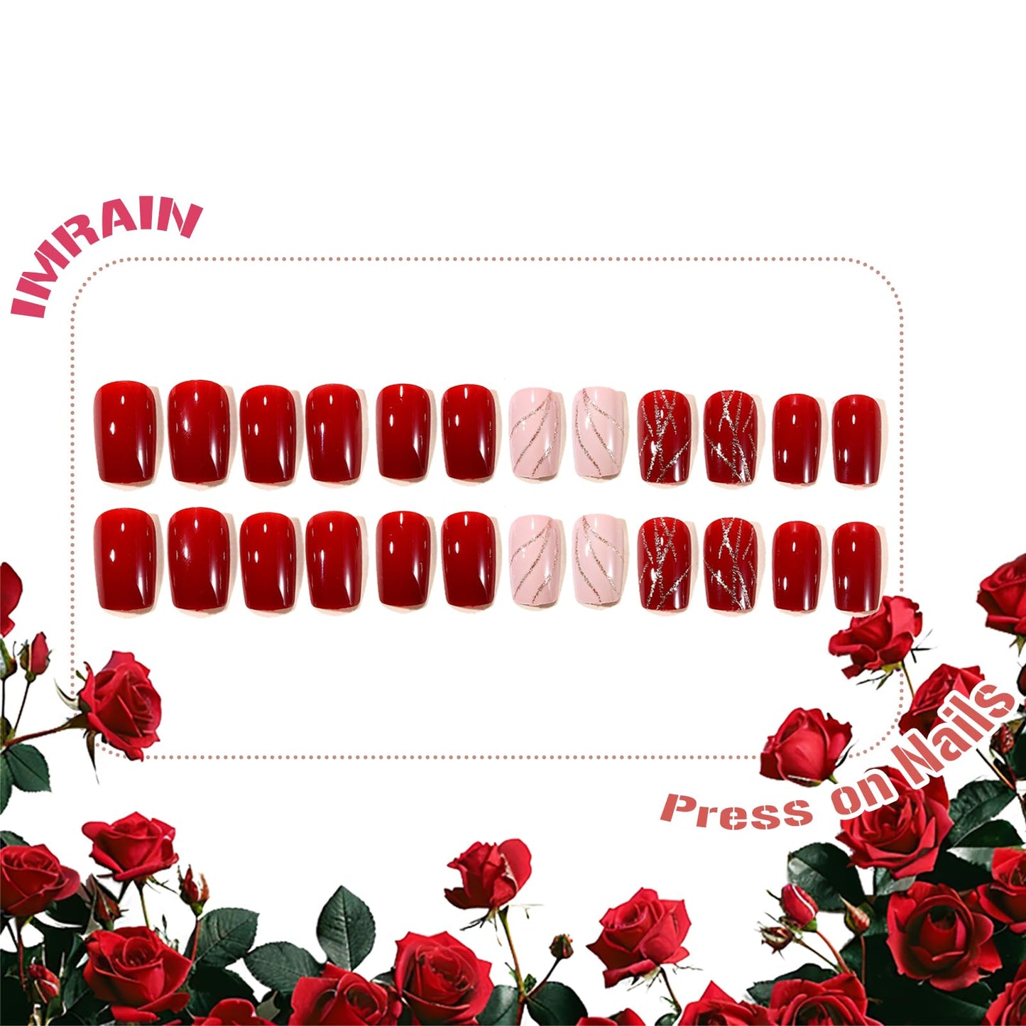 IMRAIN Red Press on Nails Short Square Fake Nails Glossy Acrylic False Nails Full Cover Gel Glue on Nails New Year Nail Kits 24Pcs