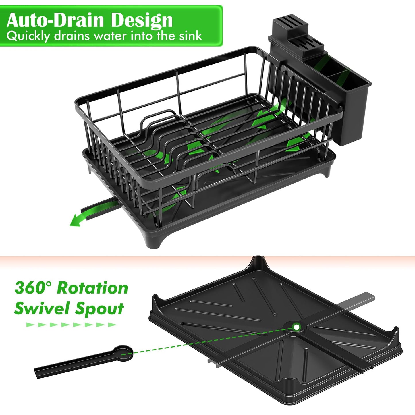 Kmiectse Dish Drying Rack - Space-Saving Small Dish Rack for Kitchen Counter, Rust-Resistant Kitchen Drying Rack, Compact Dish Drainer Organizer with Utensil Holder for Home Kitchen, Black