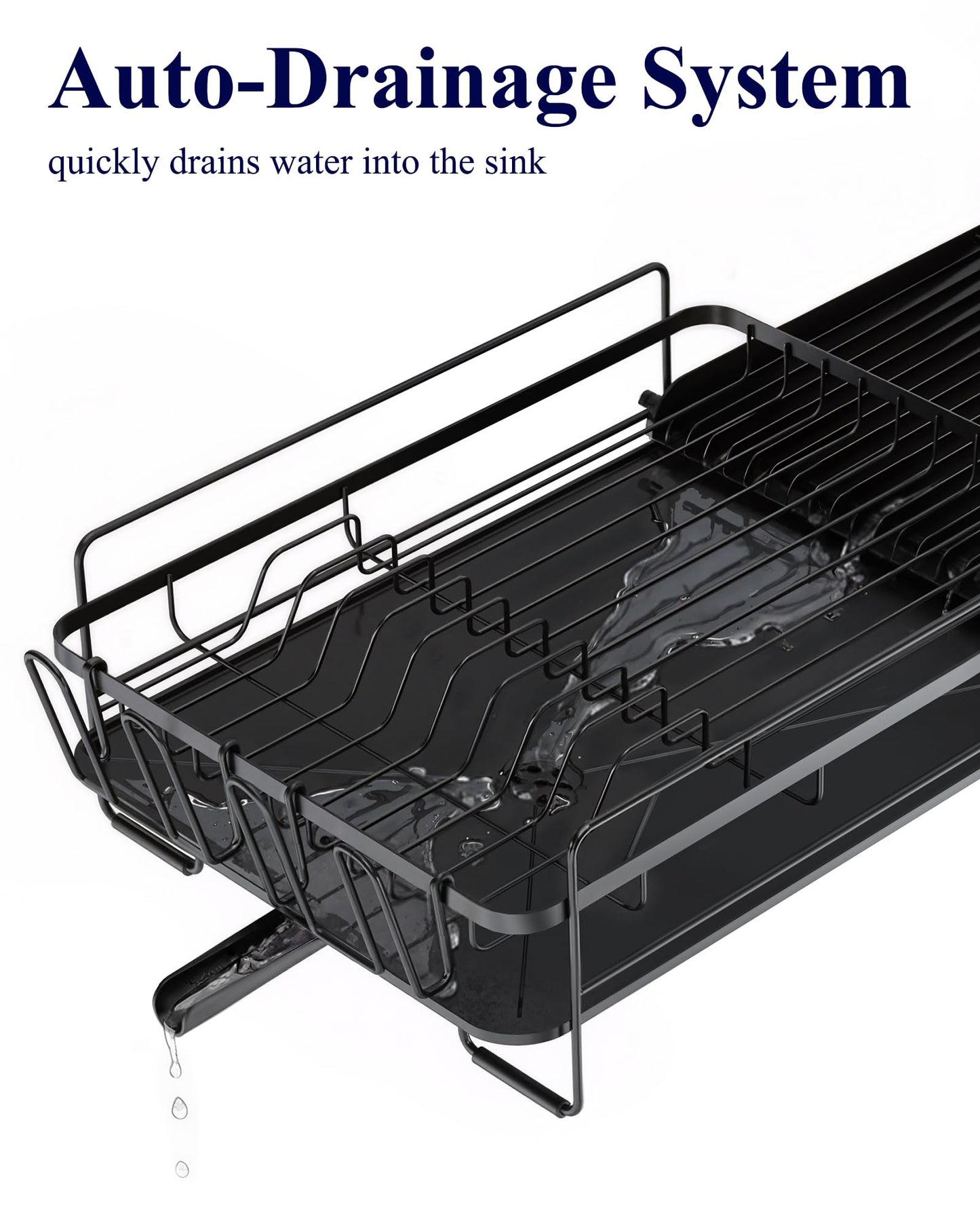 Kitsure Large Dish Drying Rack - Extendable Dish Rack, Multifunctional Dish Rack for Kitchen Counter, Anti-Rust Dish Drainers with Cutlery & Cup Holders 19.2"-26.7" L x 12.9" W, Black